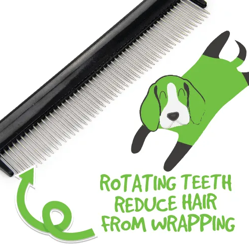 dog comb teeth spinning Zeez Comfort Rotating Coarse Round tips clean the skin and provide a gentle massage Bainbridge Pet Detangler Comb with