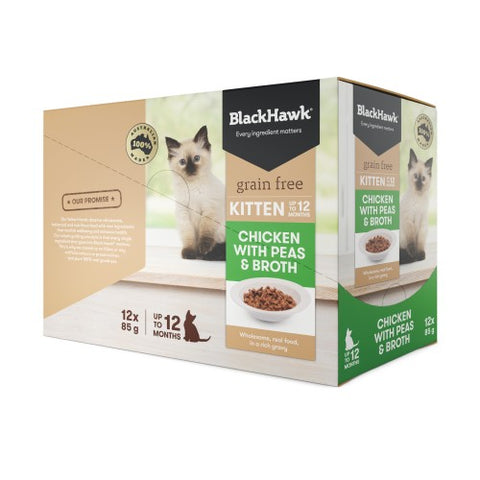 Black Hawk Chicken With Peas & Broth Wet Kitten Pouch Box 12 x 85g