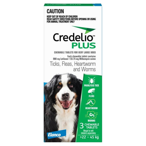 Credelio Plus Blue Tick, Fleas, Heartworm & Worms Dog Treatment 22-45kg 3 pack