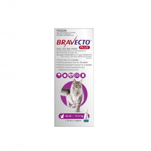 Bravecto Plus Spot On Cat Flea Tick Worming 6.25 12.5kg Purple