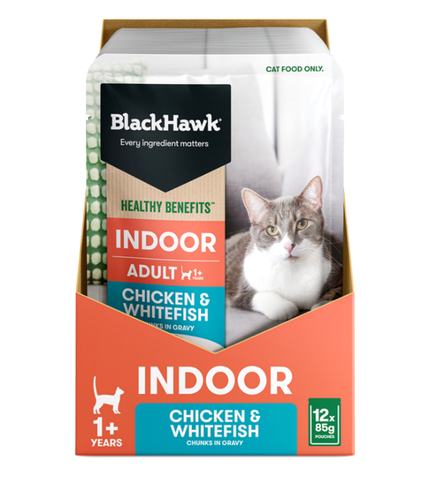 Black Hawk Cat Indoor Chicken & Whitefish Pouch Box 85g x 12