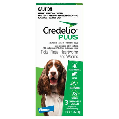 Credelio Plus Green Tick, Fleas, Heartworm & Worms Dog Treatment 11-22kg 3 pack