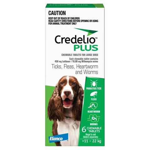 Credelio Plus Green Tick, Fleas, Heartworm & Worms Dog Treatment 11-22kg 6 pack