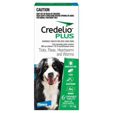 Credelio Plus Blue Tick, Fleas, Heartworm & Worms Dog Treatment 22-45kg 6 pack