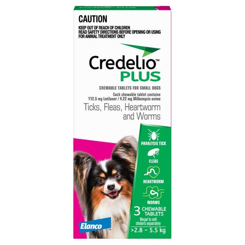 Credelio Plus Pink Tick, Fleas, Heartworm & Worms Dog Treatment 2.8-5.5kg 3 pack