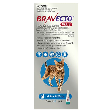 Bravecto Plus Spot On Cat Flea, Tick & Worming 2.8-6.25kg Blue