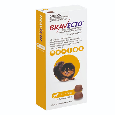 Bravecto Dog Flea & Tick 2-4.5kg Yellow Chews 2 Pack
