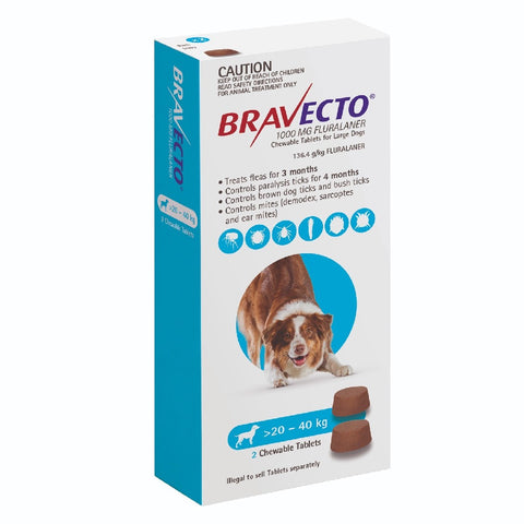 Bravecto Dog Flea & Tick 20-40kg Blue Chews 2 Pack
